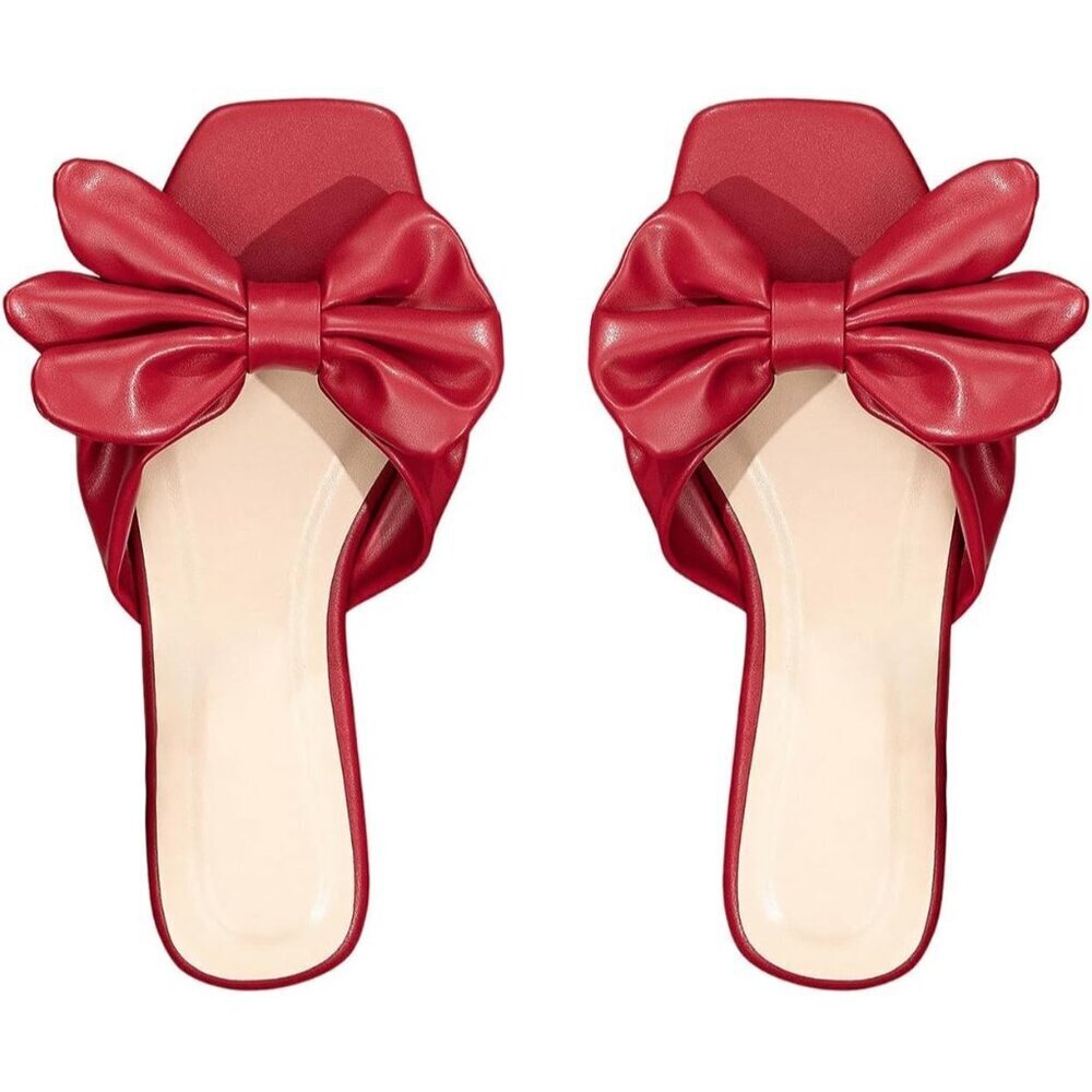 Women's Bow Red Square Open Toe Breathable Slip On Slide Sandals Flat Shoes